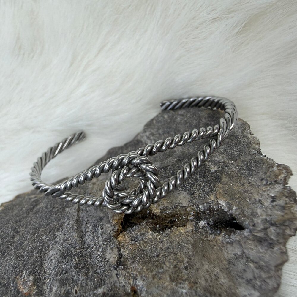Silver Tone Twisted Rope Lasso Knot Cuff Bracelet